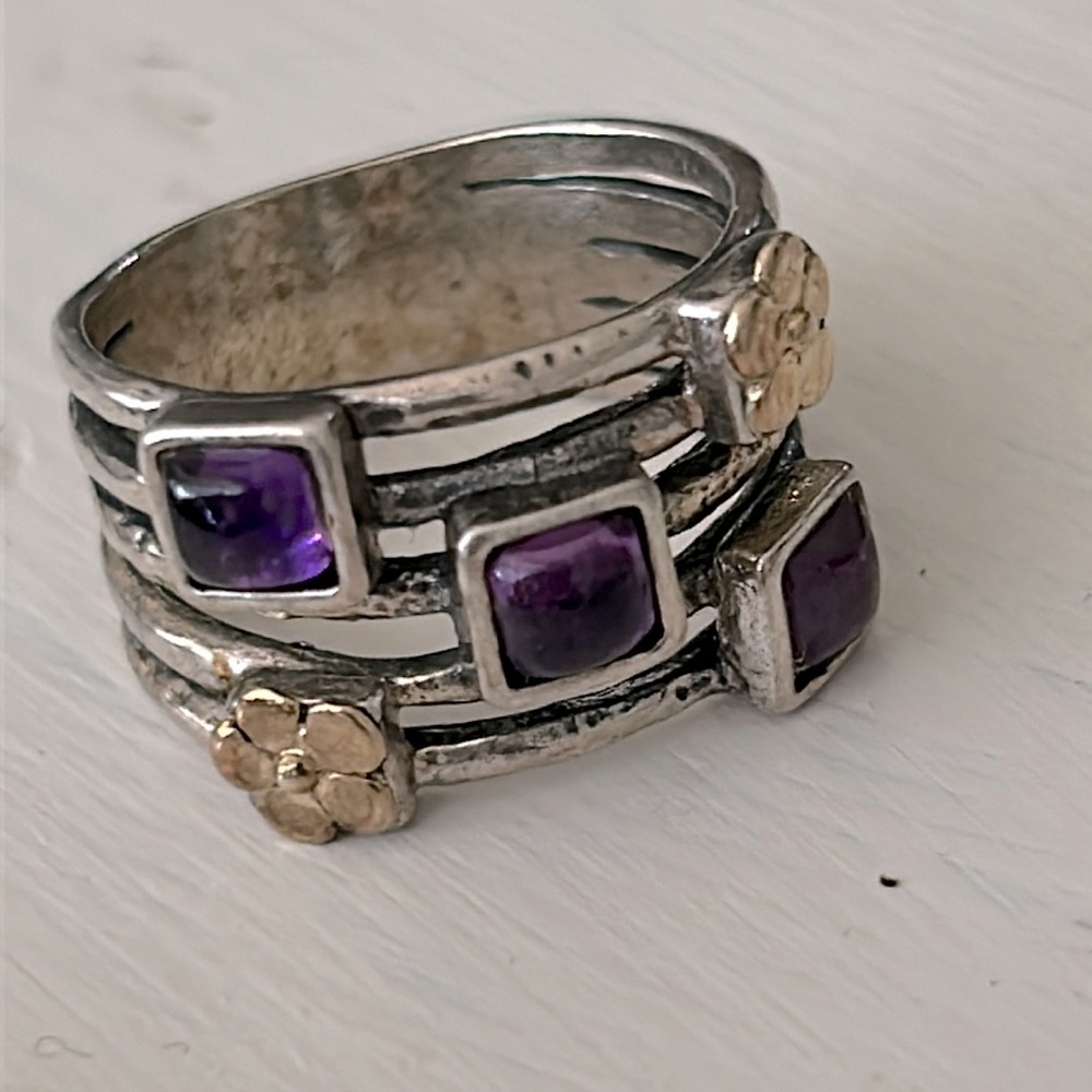 Sterling Silver 14k Amethyst and Flower Detail Ring Israel Size 7